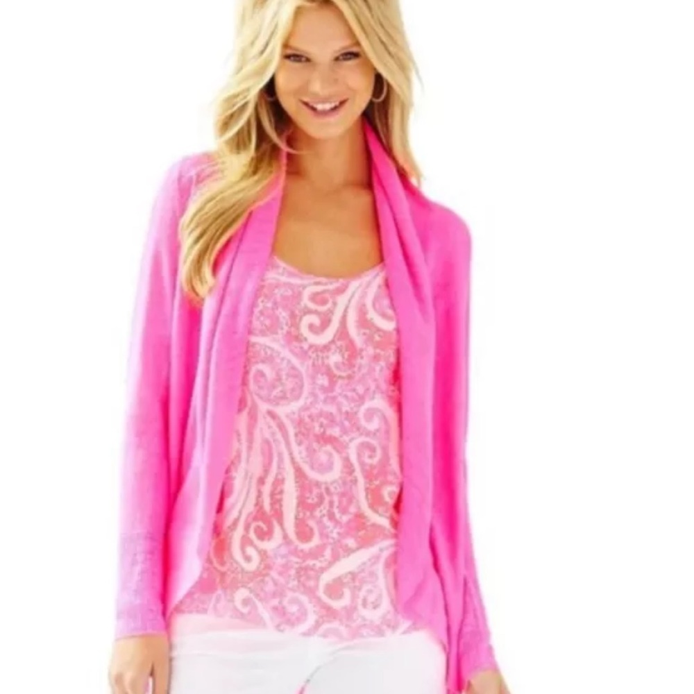 Lilly Pulitzer 100% Linen Holden Cardigan XXSKir Royal Pink Neon Drape Collar